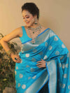 Banarasee Handwoven Semi-Katan Tanchoi Weaving Floral Border Saree-Blue