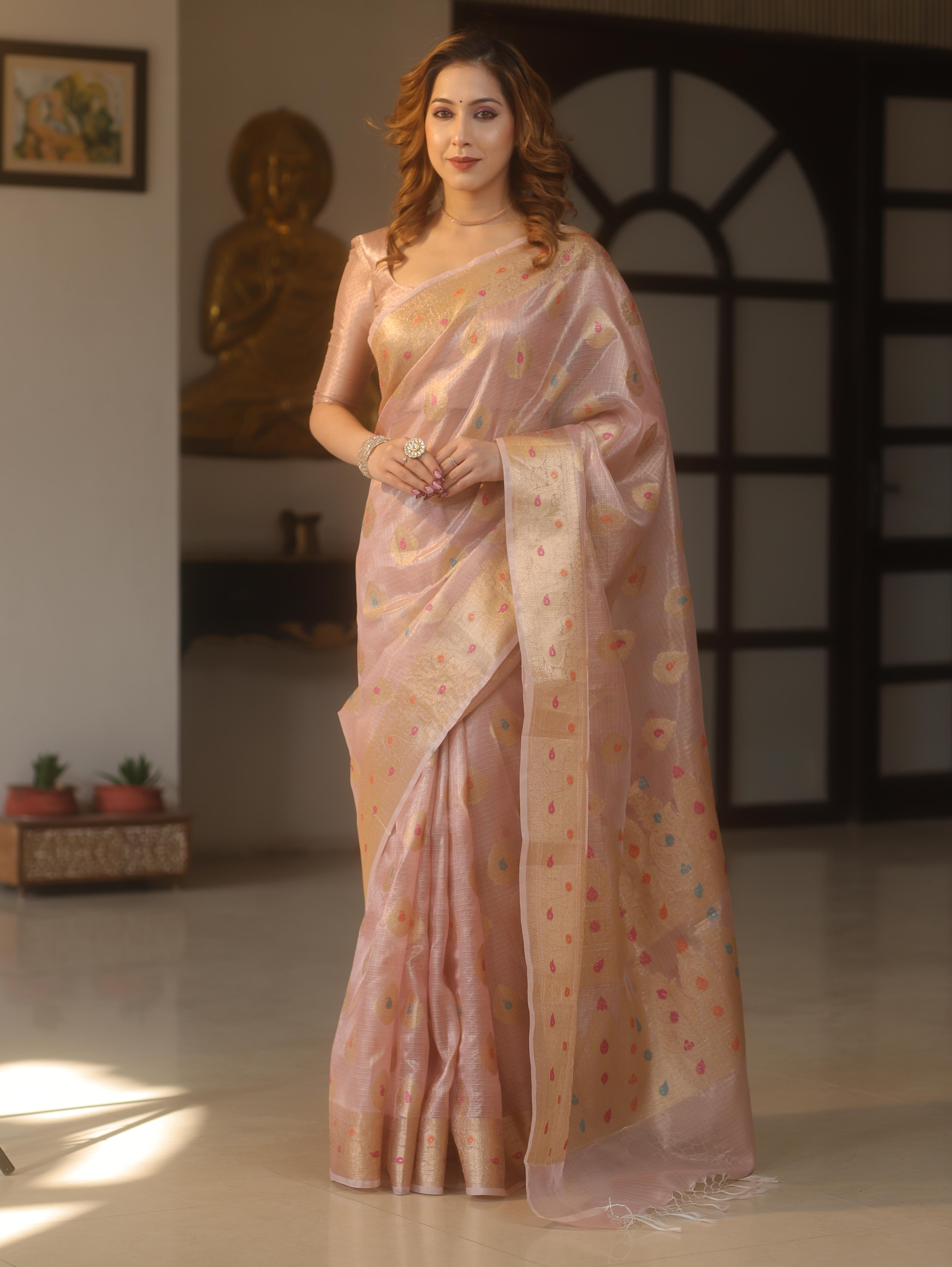 Banarasee Handwoven Kota Check Tissue Saree With Meena Design & Zari Broder-Pastel Pink