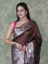 Banarasee Handloom Semi Silk Plain Saree With Silver Zari Floral Border-Brown