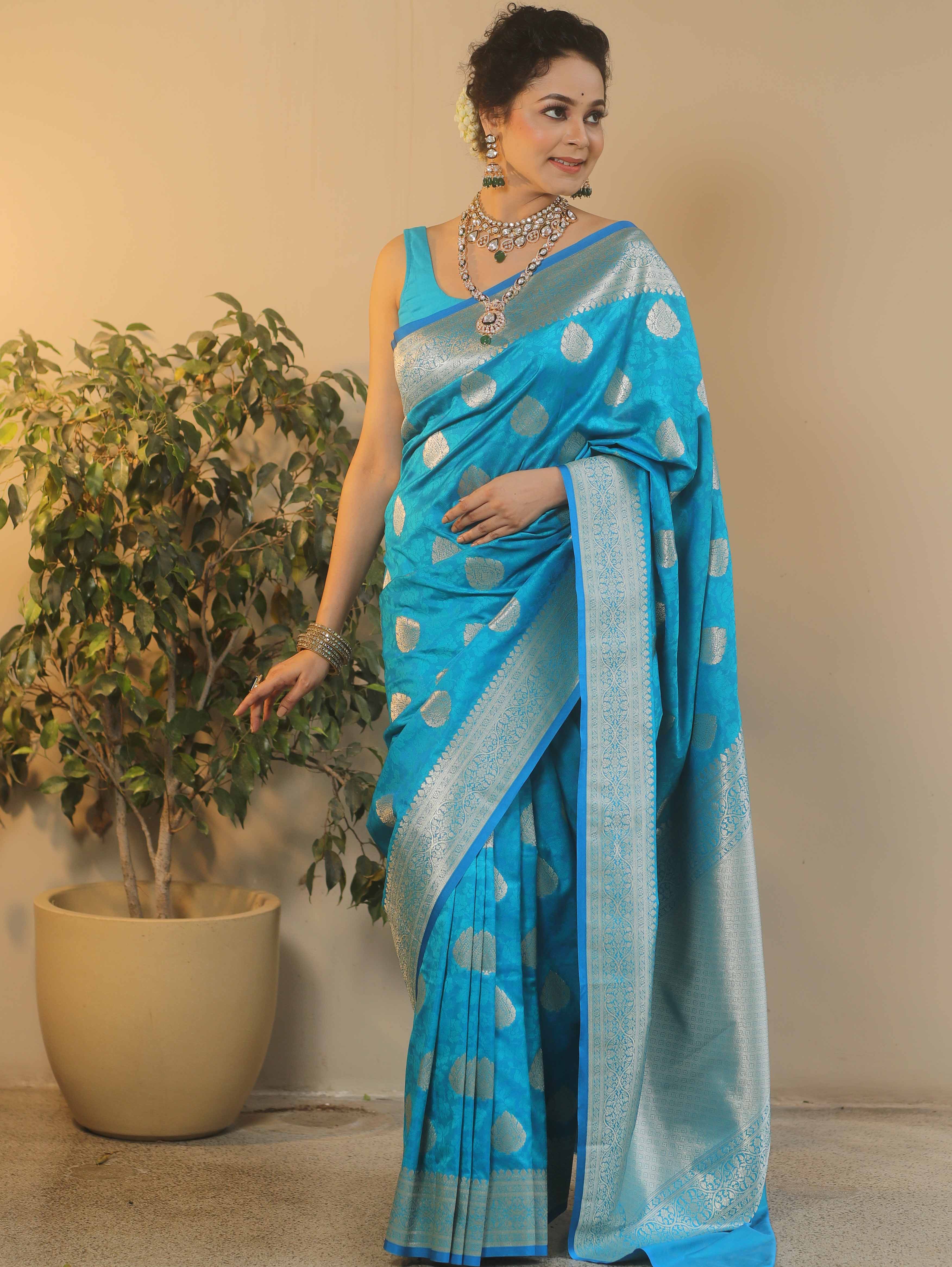 Banarasee Handwoven Semi-Katan Tanchoi Weaving Floral Border Saree-Blue
