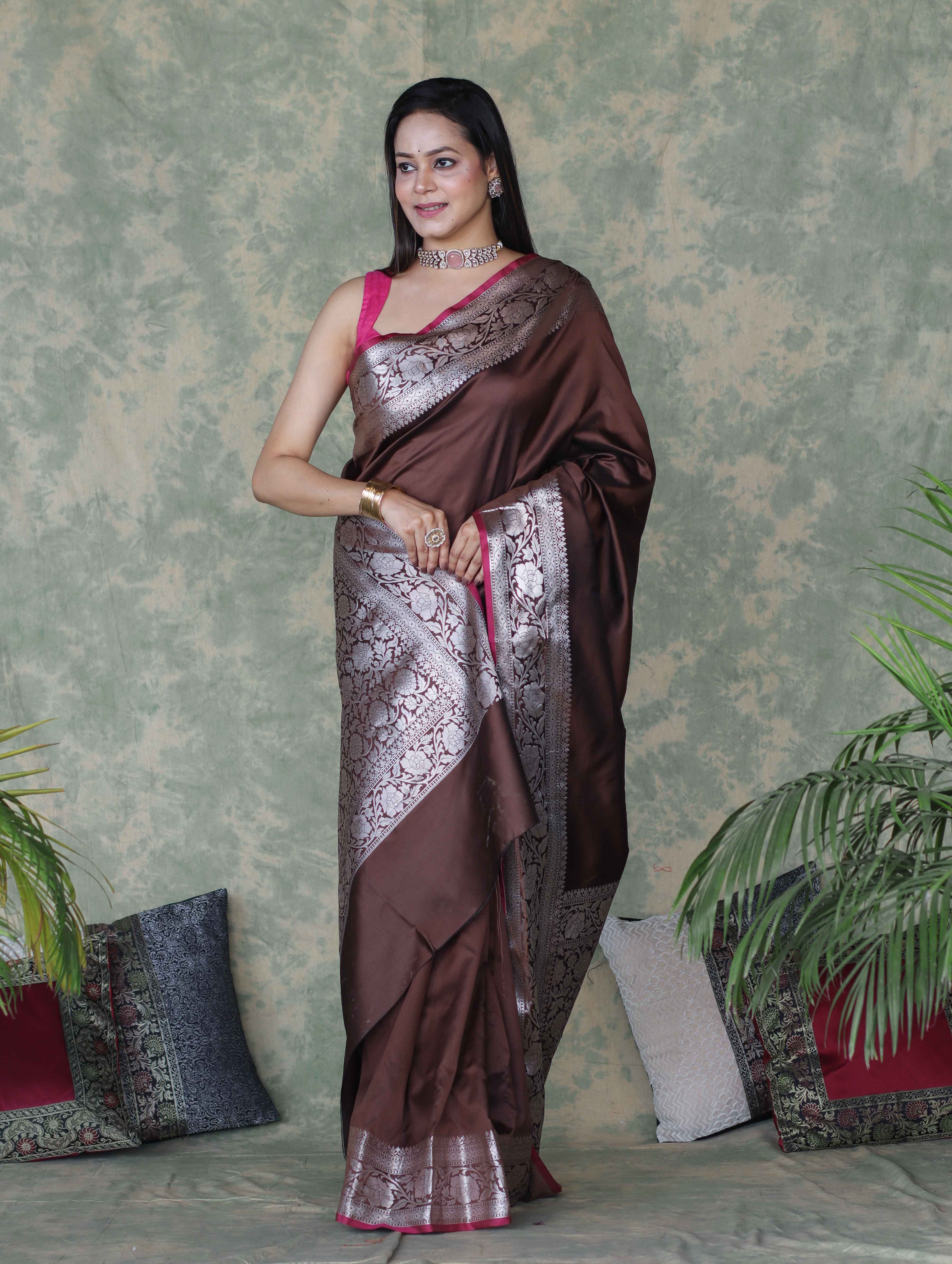 Banarasee Handloom Semi Silk Plain Saree With Silver Zari Floral Border-Brown