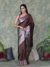 Banarasee Handloom Semi Silk Plain Saree With Silver Zari Floral Border-Brown