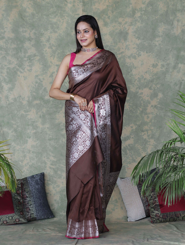 Banarasee Handloom Semi Silk Plain Saree With Silver Zari Floral Border-Brown