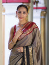 Banarasee Handloom Semi Silk Saree With Checks Design & Contrast Border-Grey & Black