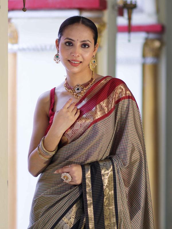 Banarasee Handloom Semi Silk Saree With Checks Design & Contrast Border-Grey & Black