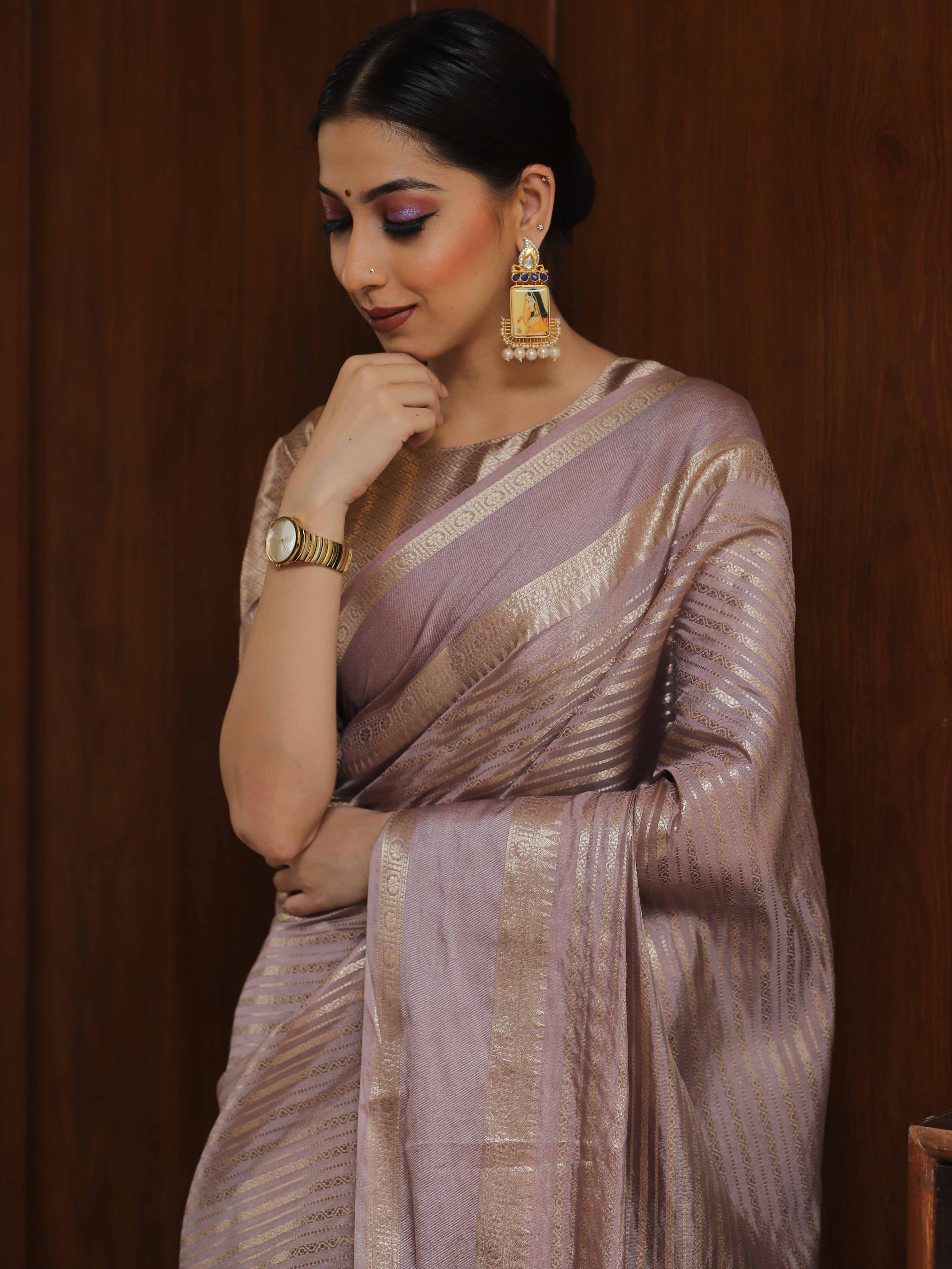 Banarasee Handwoven Semi Silk Saree With Stripes Design & Solid Border-Mauve