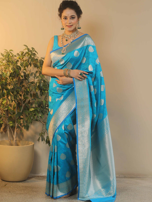 Banarasee Handwoven Semi-Katan Tanchoi Weaving Floral Border Saree-Blue