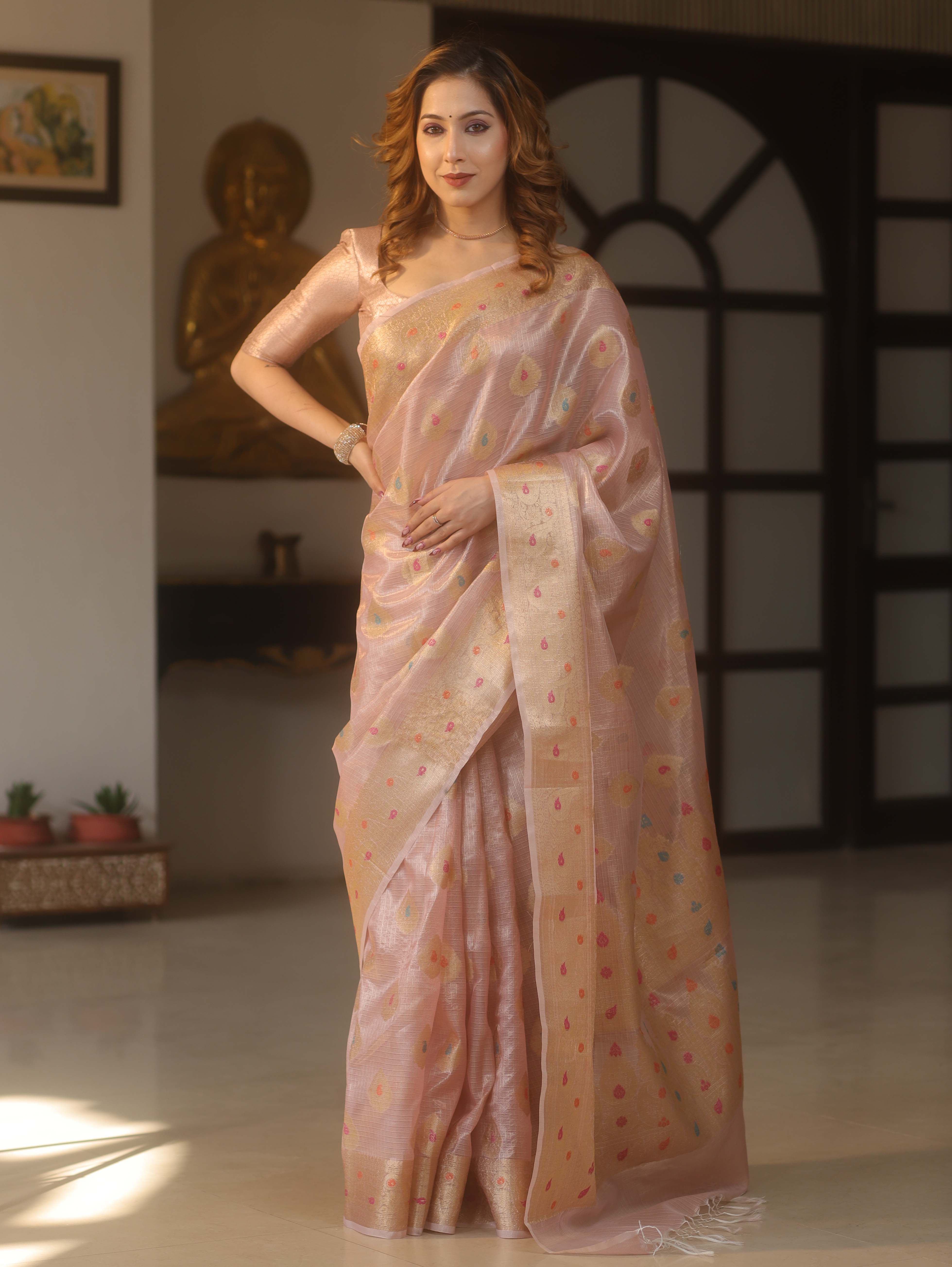 Banarasee Handwoven Kota Check Tissue Saree With Meena Design & Zari Broder-Pastel Pink