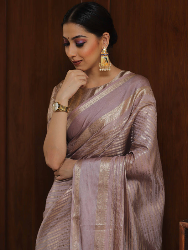 Banarasee Handwoven Semi Silk Saree With Stripes Design & Solid Border-Mauve