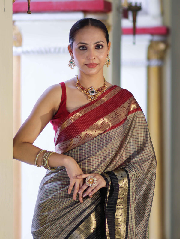 Banarasee Handloom Semi Silk Saree With Checks Design & Contrast Border-Grey & Black