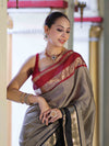 Banarasee Handloom Semi Silk Saree With Checks Design & Contrast Border-Grey & Black