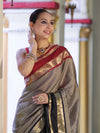 Banarasee Handloom Semi Silk Saree With Checks Design & Contrast Border-Grey & Black