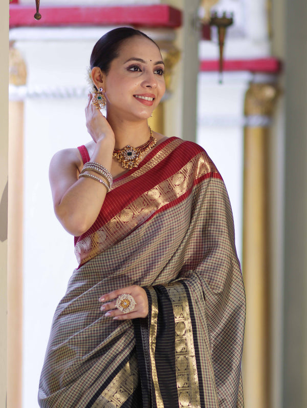 Banarasee Handloom Semi Silk Saree With Checks Design & Contrast Border-Grey & Black