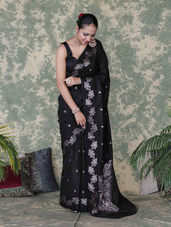 Banarasee Handloom Semi Silk Saree With Sona Rupa Zari Buti Design & Border-Black