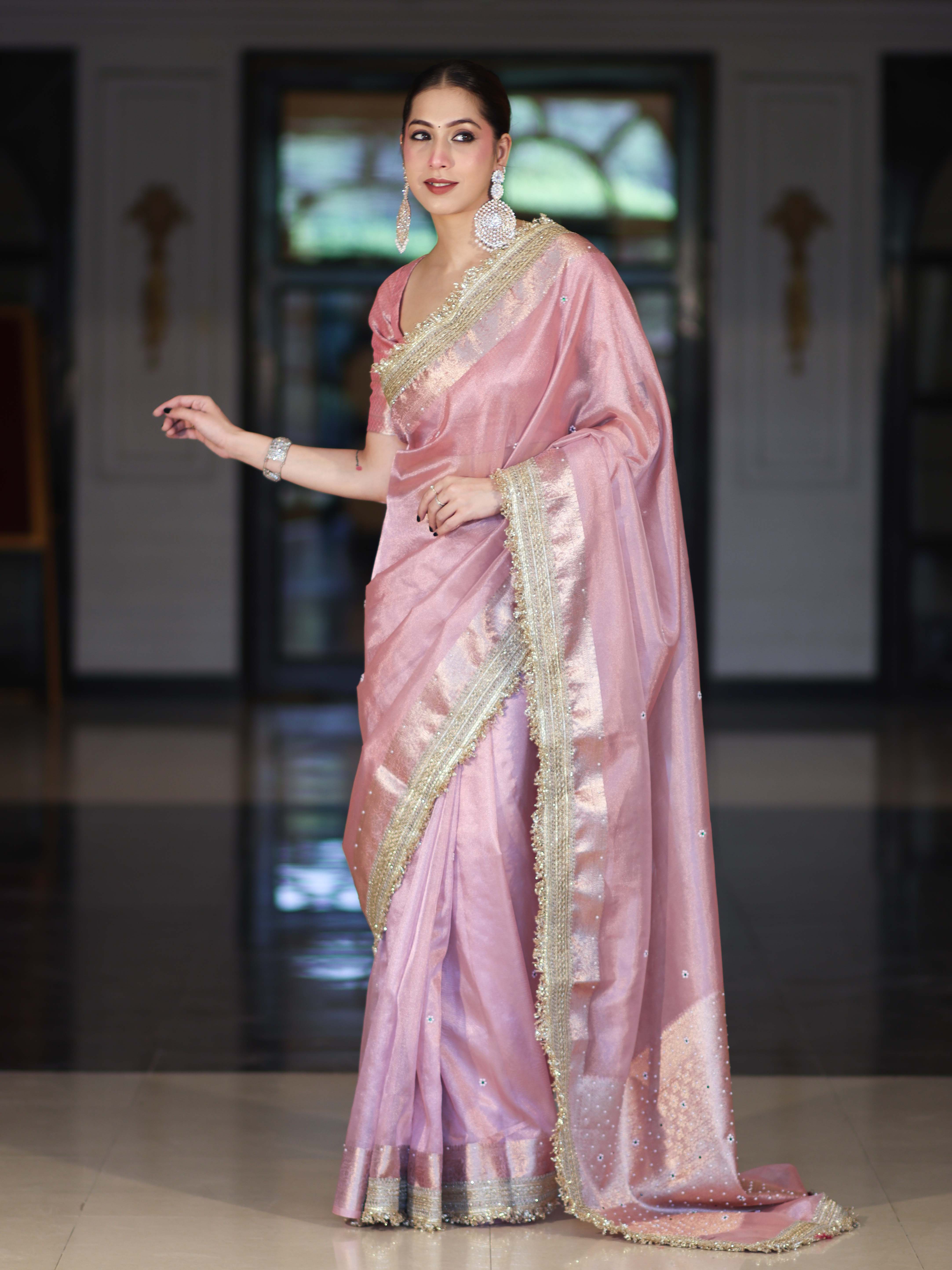 Banarasee Tissue Saree With Handwork Pearl Motifs Zari Border & Lace-Light Pink