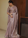Banarasee Handwoven Semi Silk Saree With Stripes Design & Solid Border-Mauve