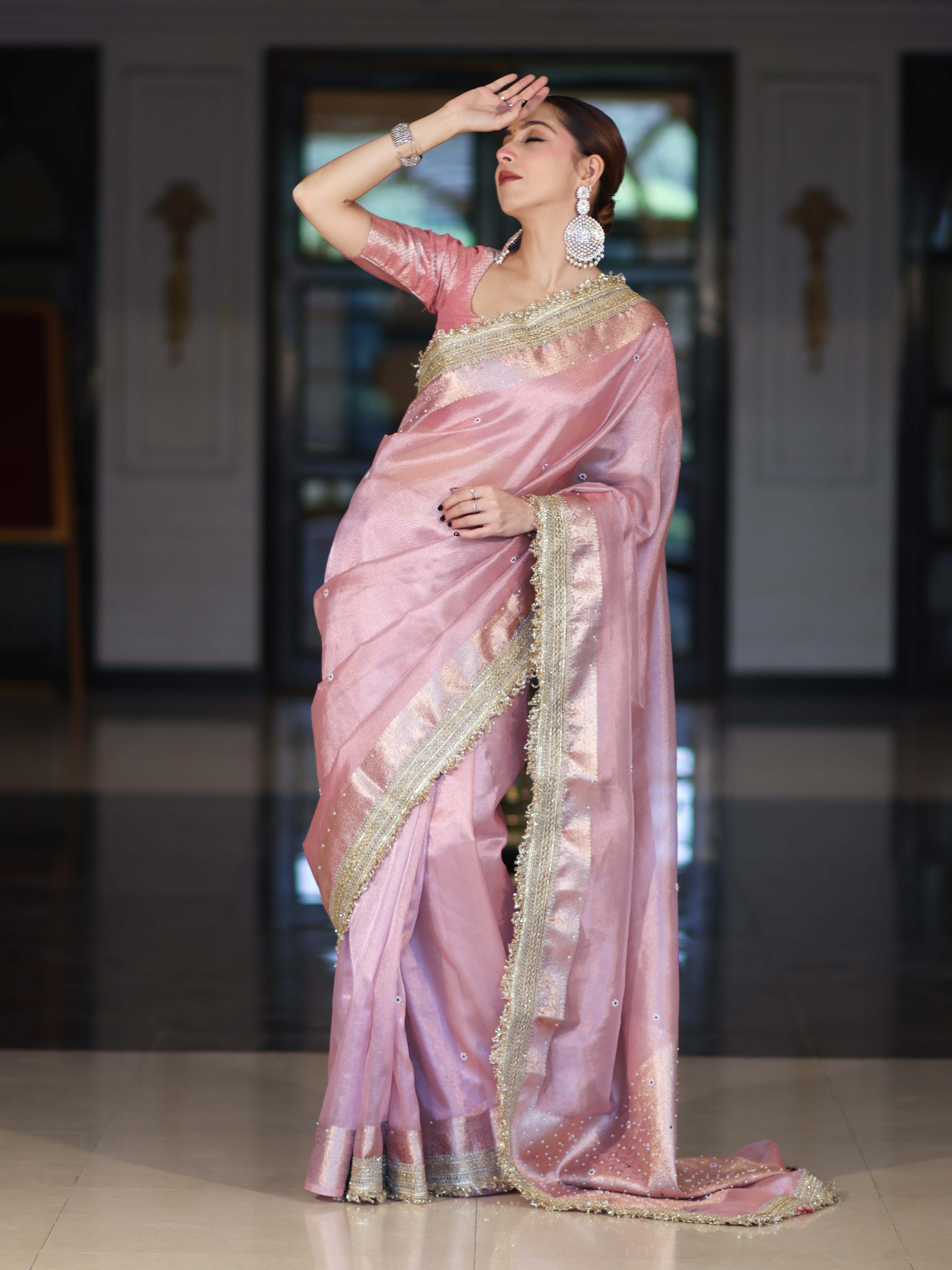 Banarasee Tissue Saree With Handwork Pearl Motifs Zari Border & Lace-Light Pink