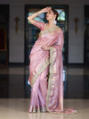 Banarasee Tissue Saree With Handwork Pearl Motifs Zari Border & Lace-Light Pink