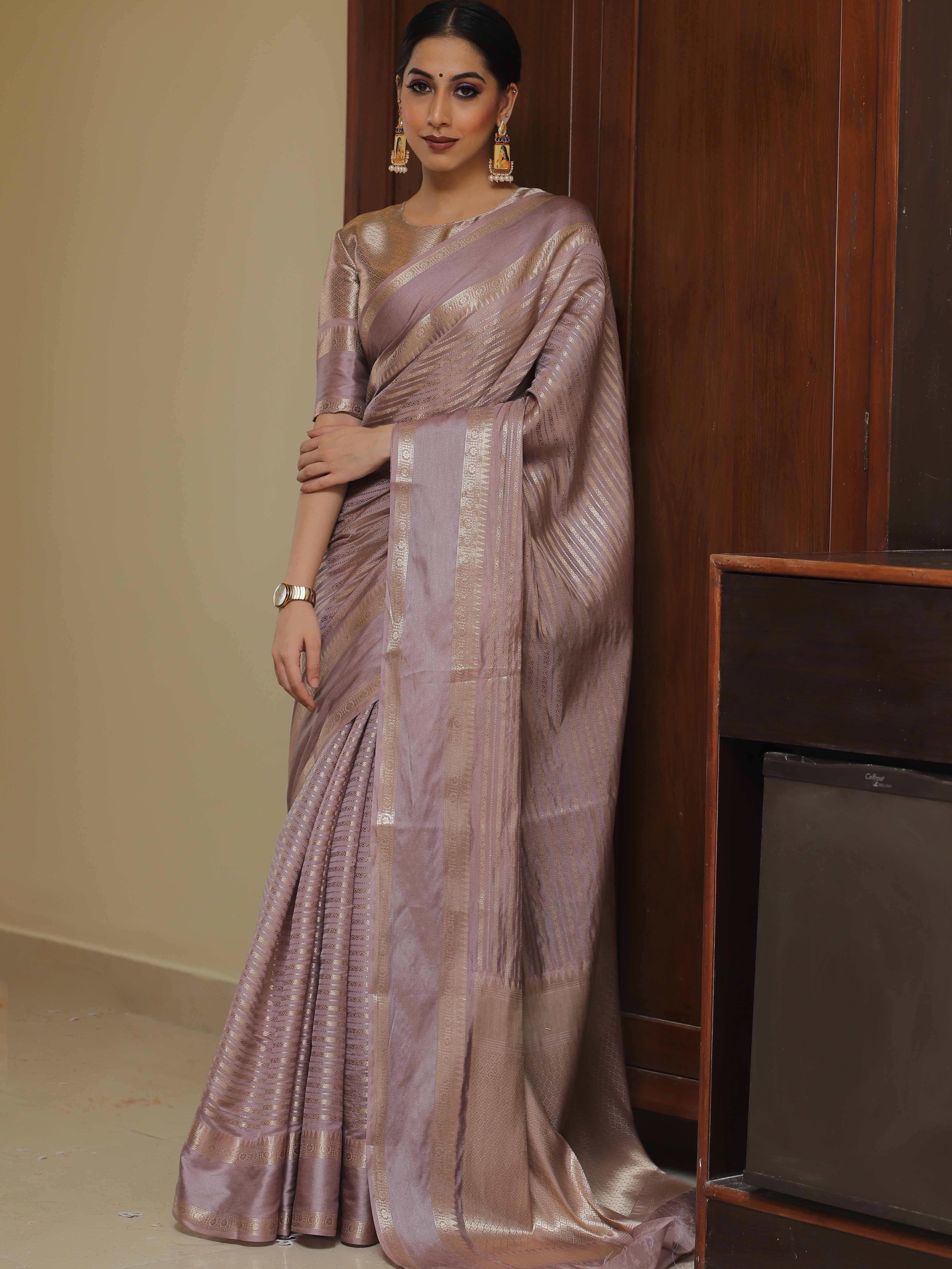 Banarasee Handwoven Semi Silk Saree With Stripes Design & Solid Border-Mauve