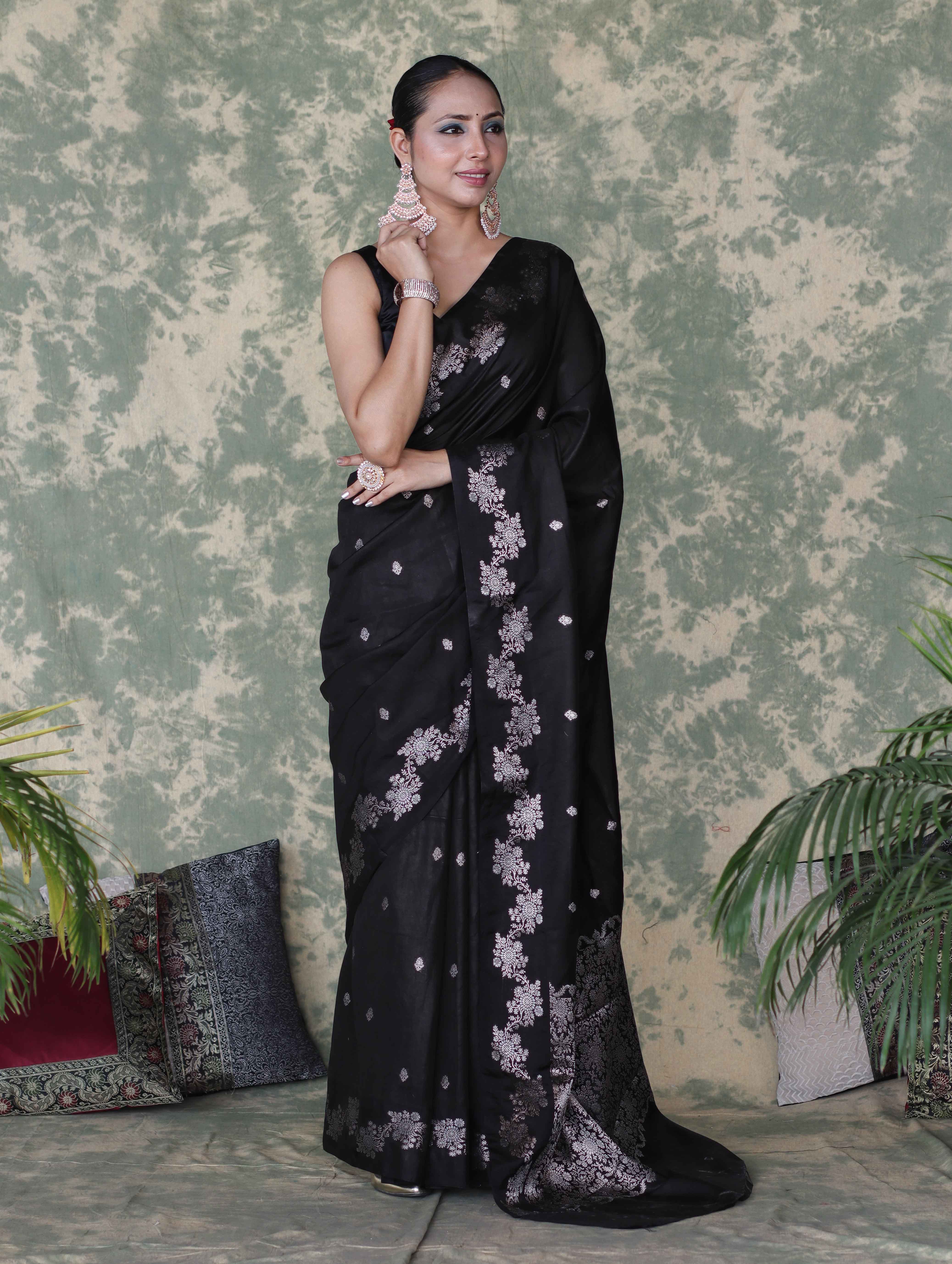 Banarasee Handloom Semi Silk Saree With Sona Rupa Zari Buti Design & Border-Black