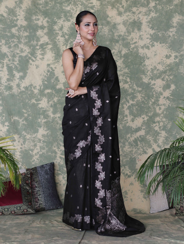 Banarasee Handloom Semi Silk Saree With Sona Rupa Zari Buti Design & Border-Black