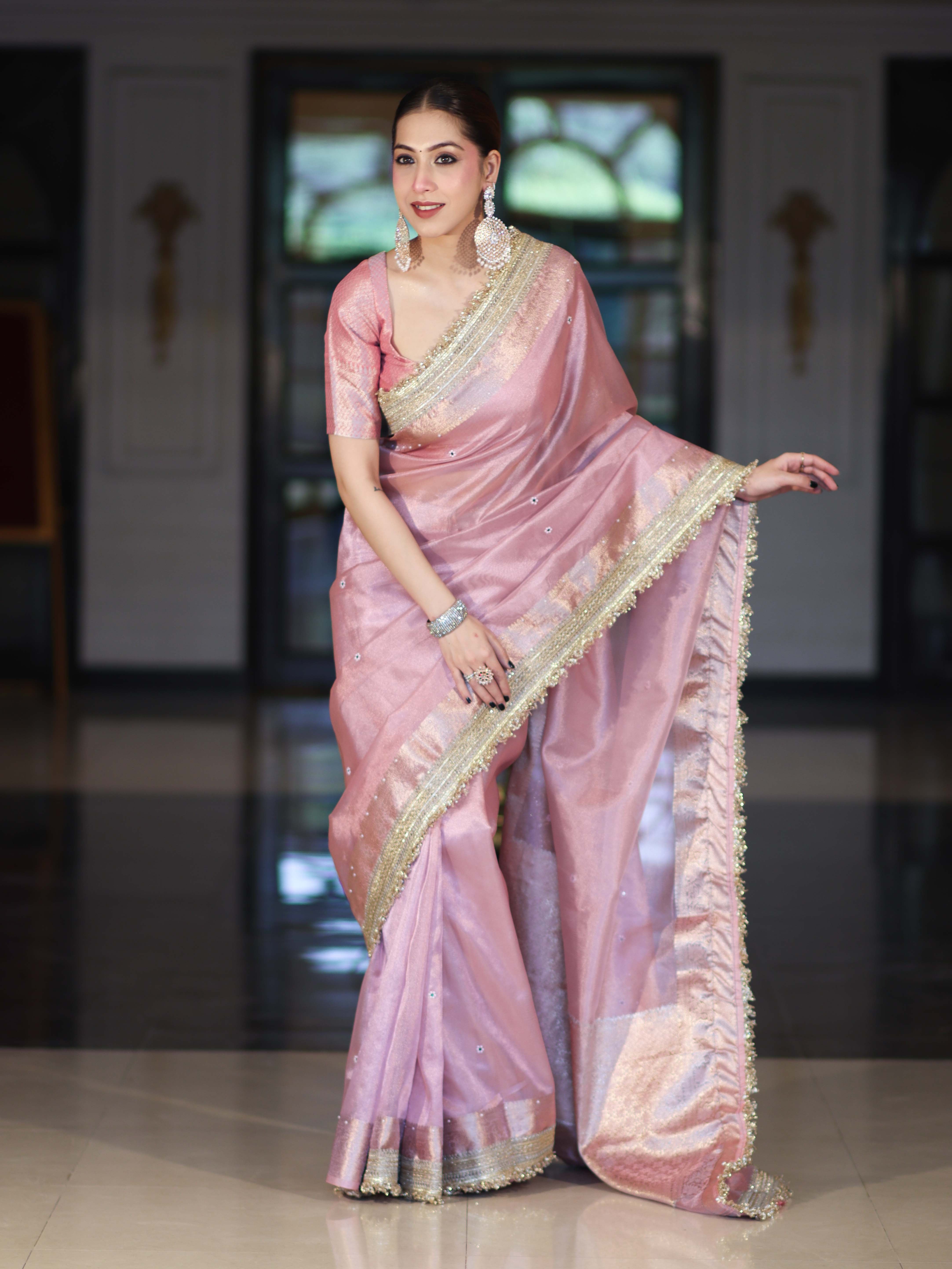 Banarasee Tissue Saree With Handwork Pearl Motifs Zari Border & Lace-Light Pink