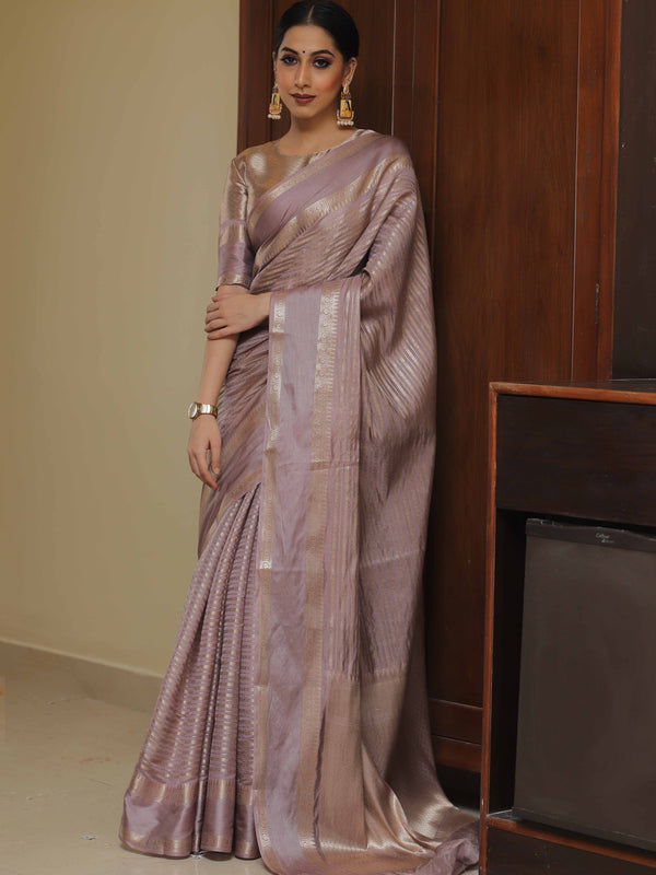 Banarasee Handwoven Semi Silk Saree With Stripes Design & Solid Border-Mauve
