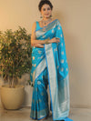 Banarasee Handwoven Semi-Katan Tanchoi Weaving Floral Border Saree-Blue