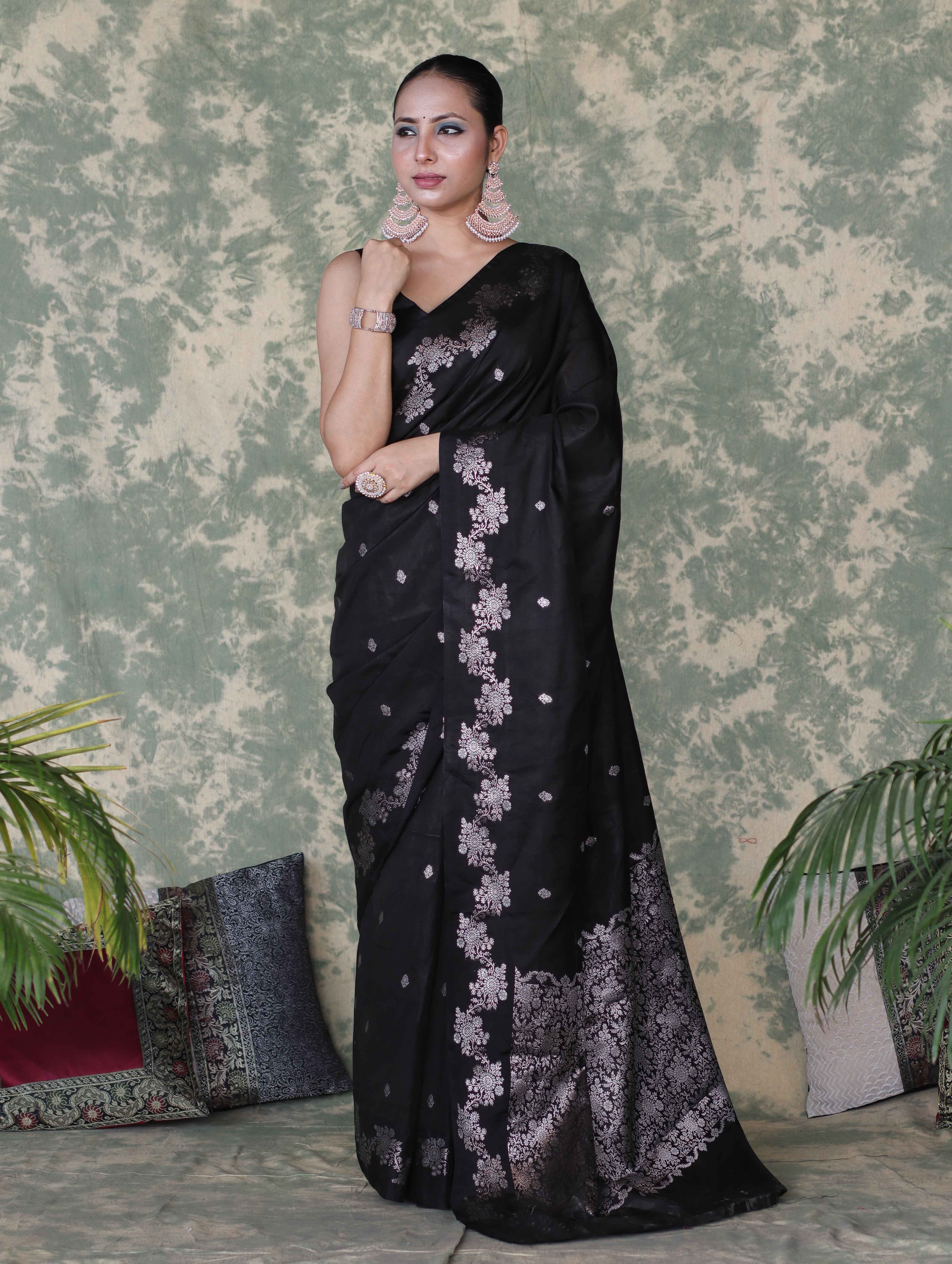 Banarasee Handloom Semi Silk Saree With Sona Rupa Zari Buti Design & Border-Black