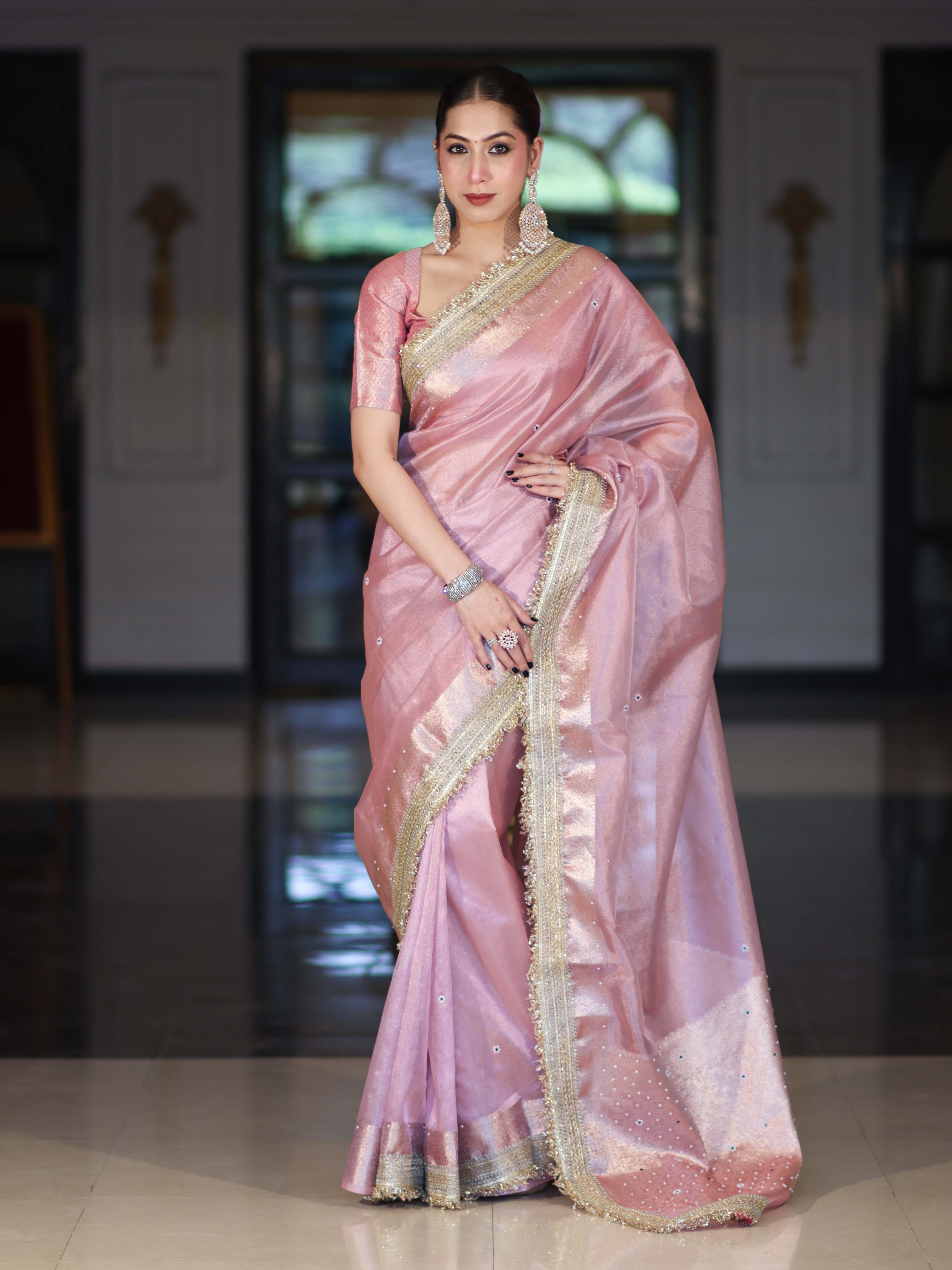 Banarasee Tissue Saree With Handwork Pearl Motifs Zari Border & Lace-Light Pink