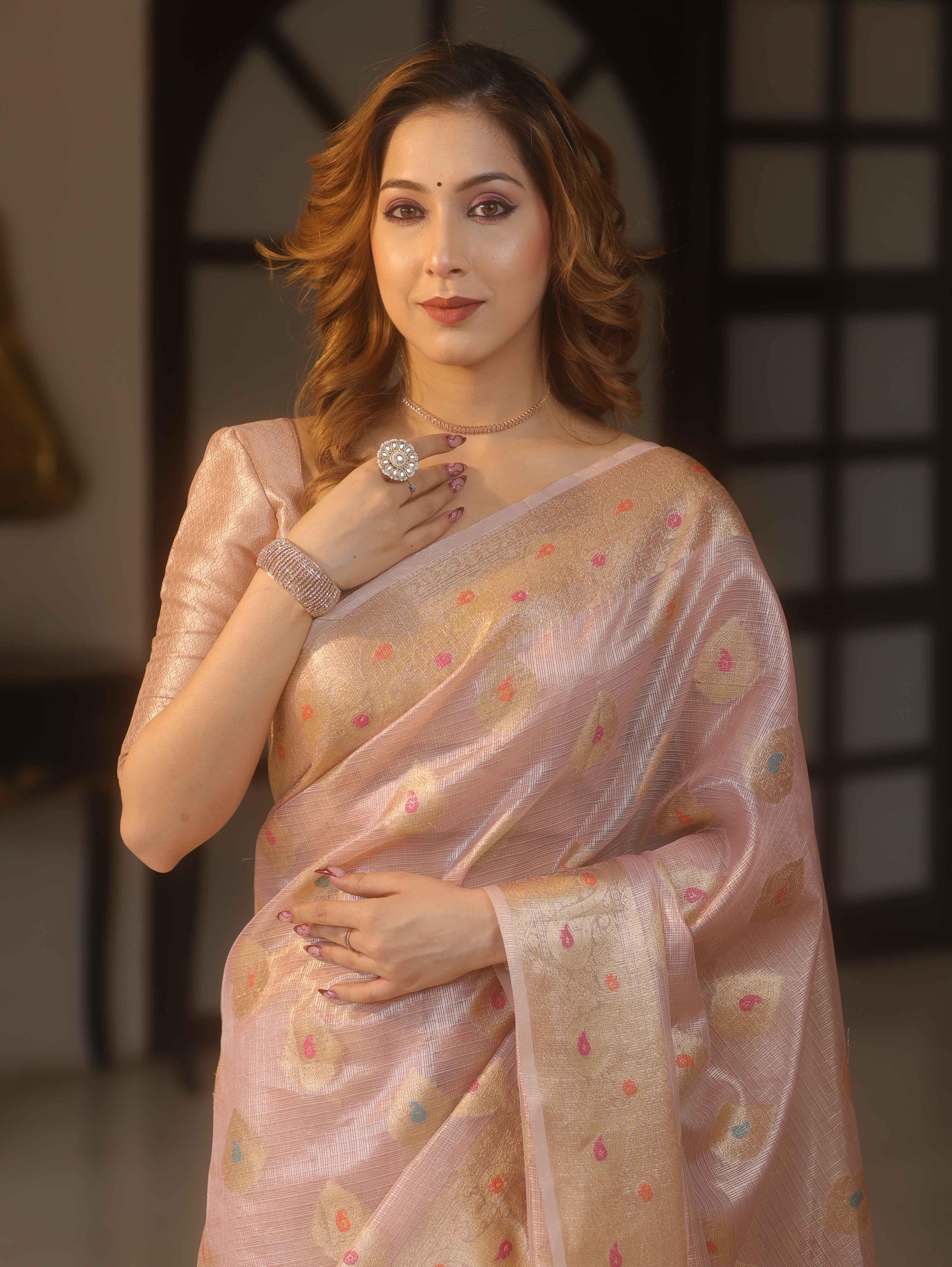 Banarasee Handwoven Kota Check Tissue Saree With Meena Design & Zari Broder-Pastel Pink