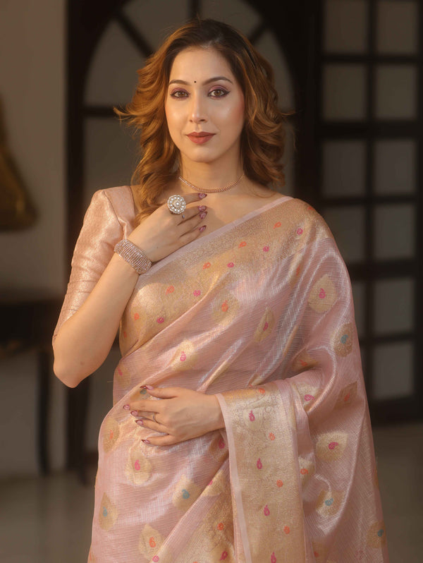 Banarasee Handwoven Kota Check Tissue Saree With Meena Design & Zari Broder-Pastel Pink