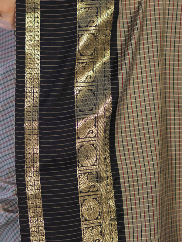 Banarasee Handloom Semi Silk Saree With Checks Design & Contrast Border-Grey & Black