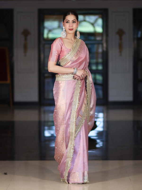 Banarasee Tissue Saree With Handwork Pearl Motifs Zari Border & Lace-Light Pink