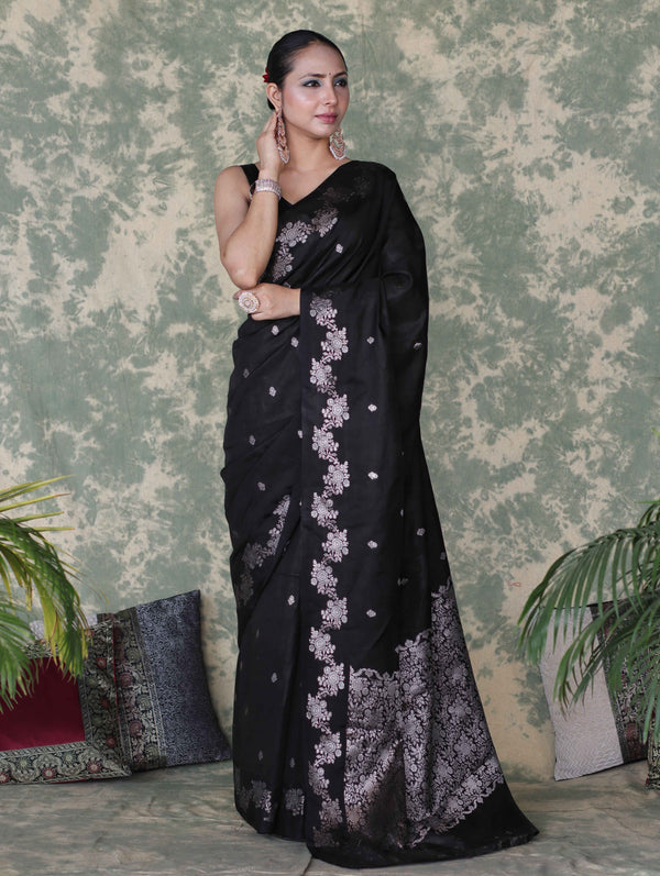 Banarasee Handloom Semi Silk Saree With Sona Rupa Zari Buti Design & Border-Black