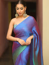 Banarasee Velvet Chiffon Sari With Swarovski Border & Contrast Sequins Work Blouse-Blue & Green