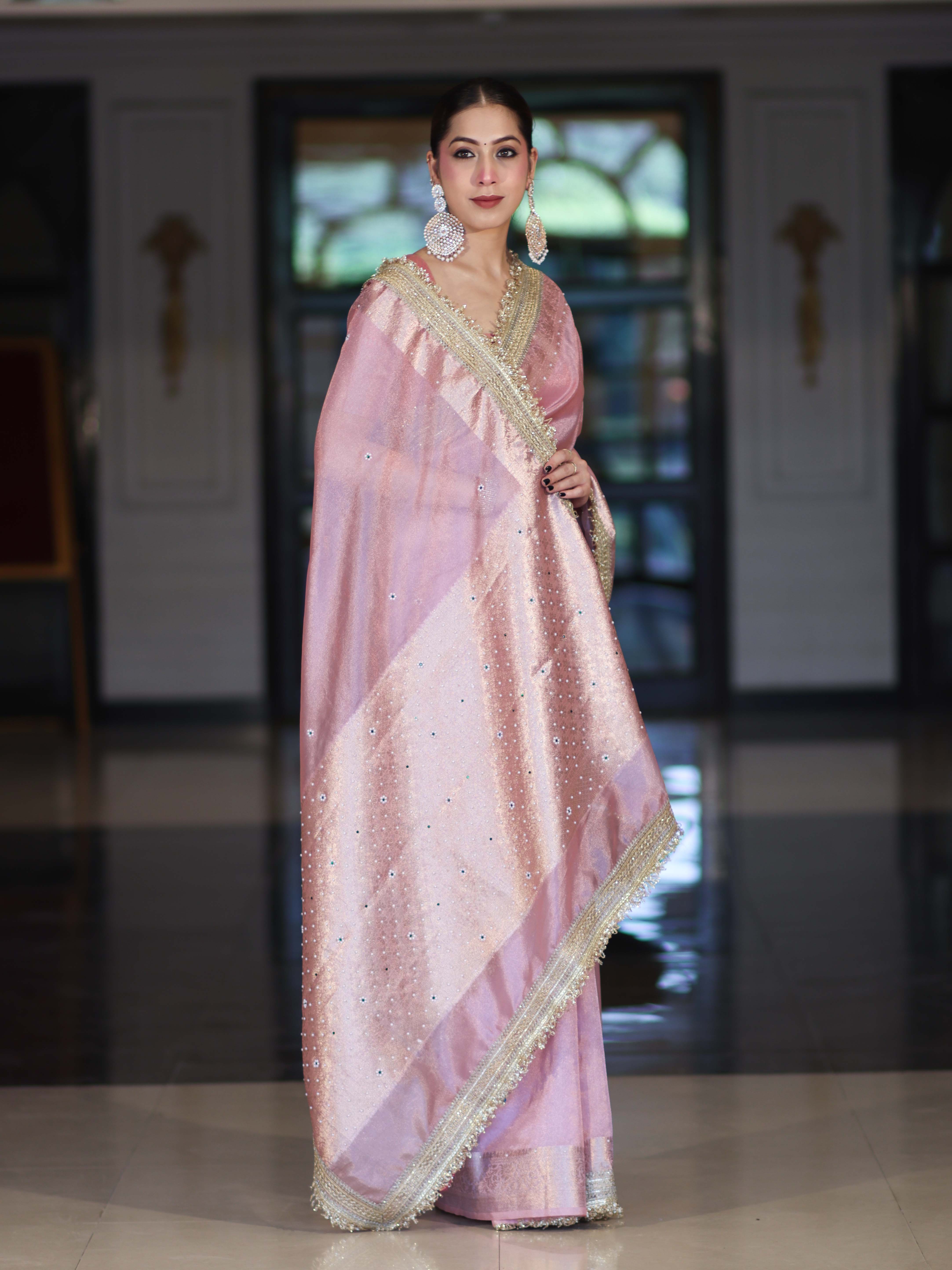 Banarasee Tissue Saree With Handwork Pearl Motifs Zari Border & Lace-Light Pink