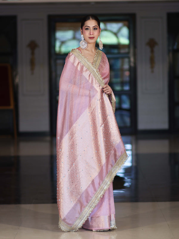 Banarasee Tissue Saree With Handwork Pearl Motifs Zari Border & Lace-Light Pink