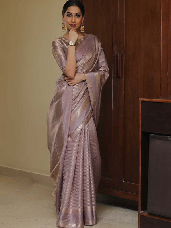 Banarasee Handwoven Semi Silk Saree With Stripes Design & Solid Border-Mauve