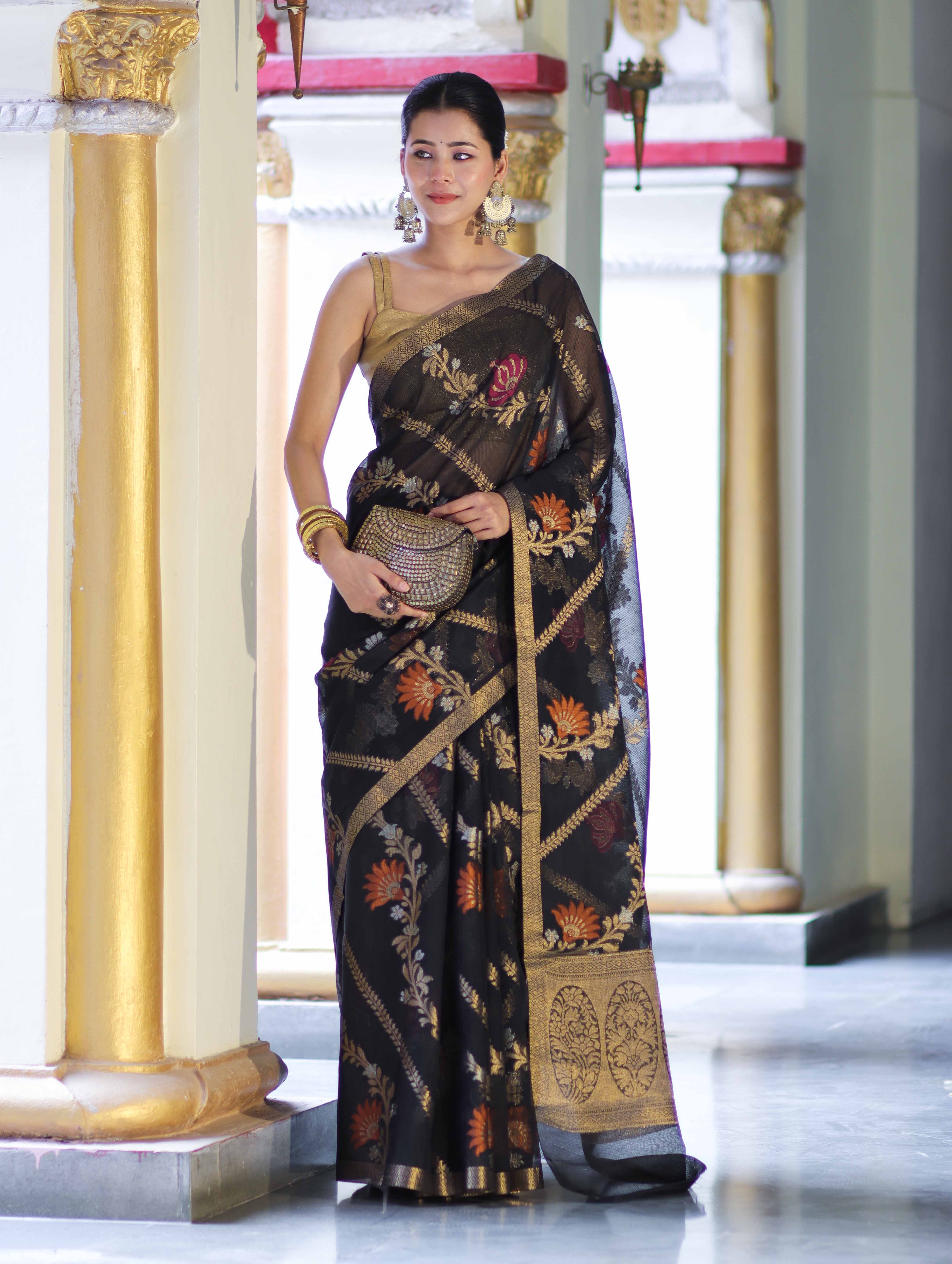 Banarasee Handloom Cotton Silk Saree With Zari Meena Work-Black