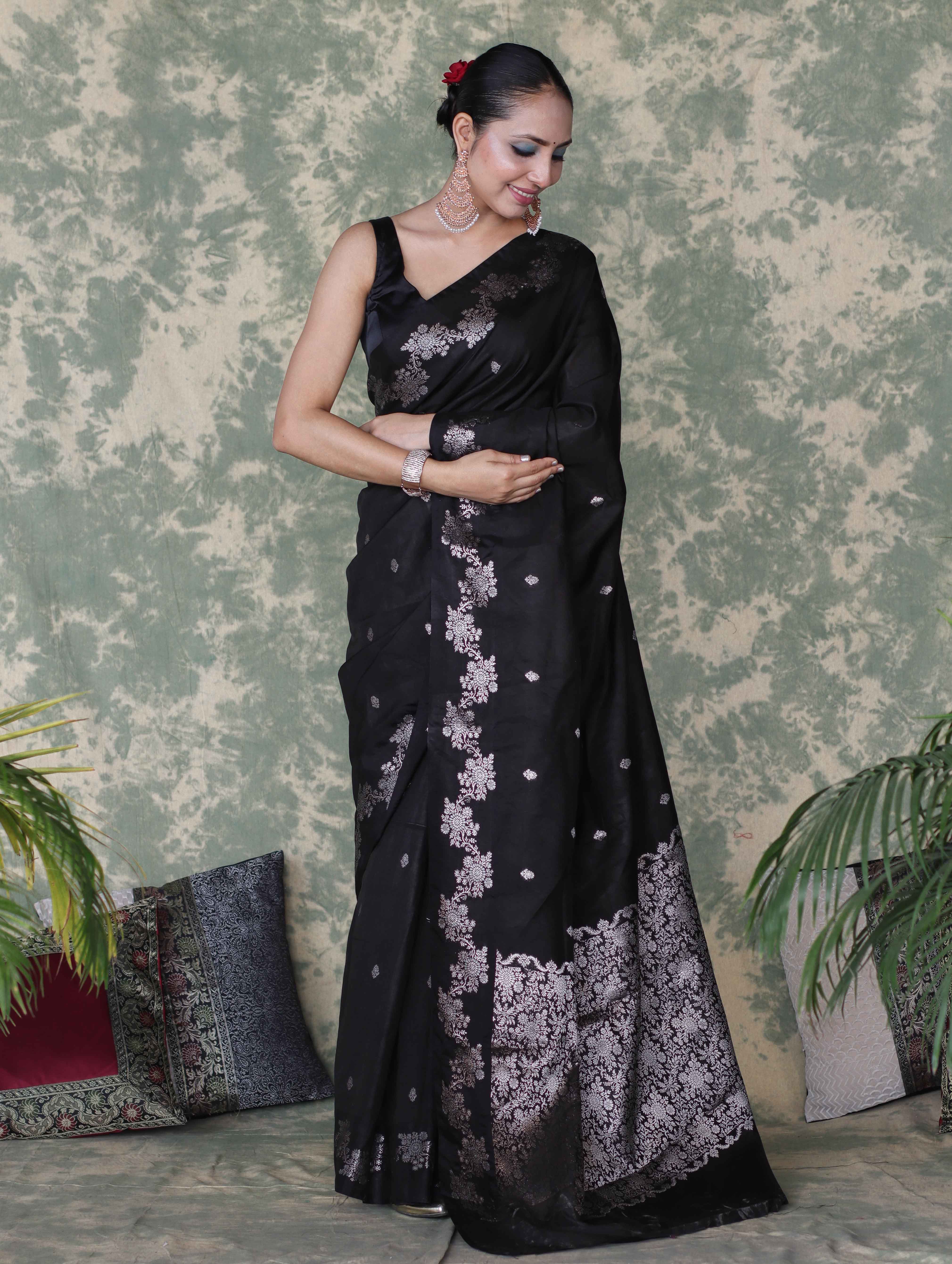 Banarasee Handloom Semi Silk Saree With Sona Rupa Zari Buti Design & Border-Black