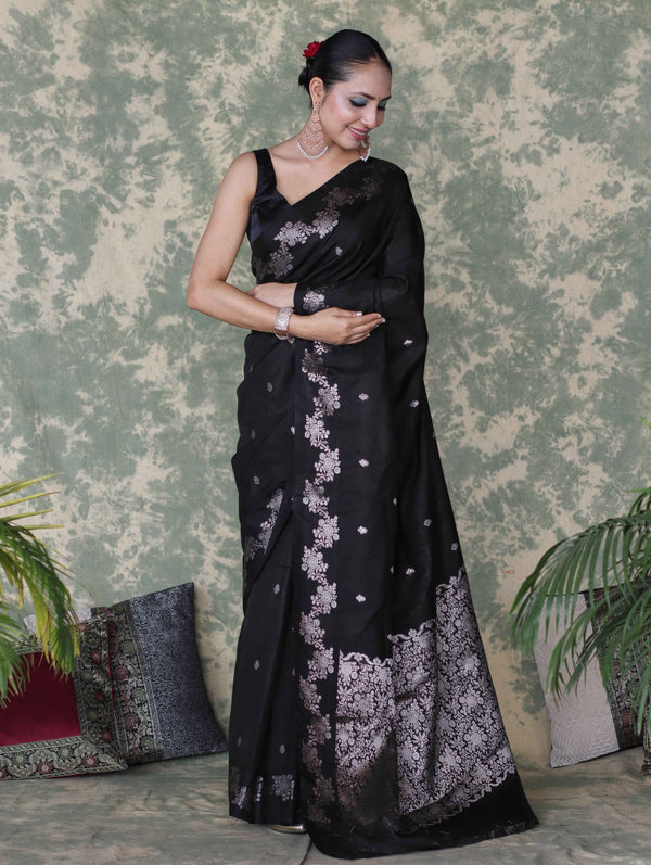 Banarasee Handloom Semi Silk Saree With Sona Rupa Zari Buti Design & Border-Black