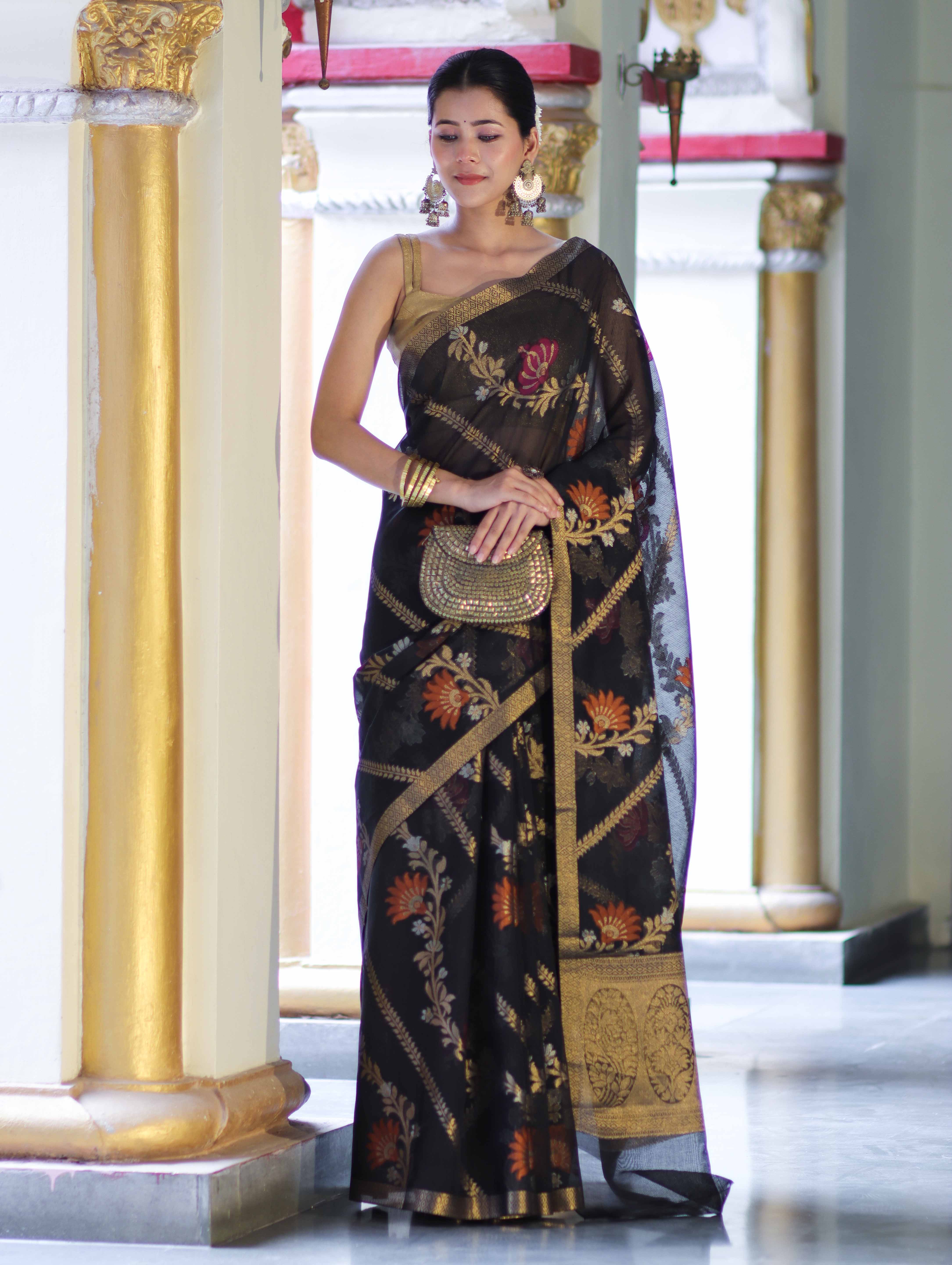 Banarasee Handloom Cotton Silk Saree With Zari Meena Work-Black