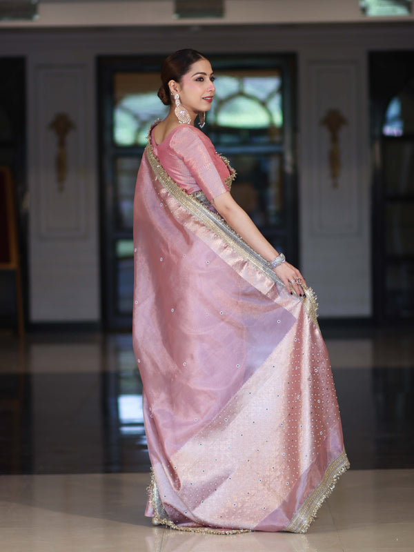 Banarasee Tissue Saree With Handwork Pearl Motifs Zari Border & Lace-Light Pink