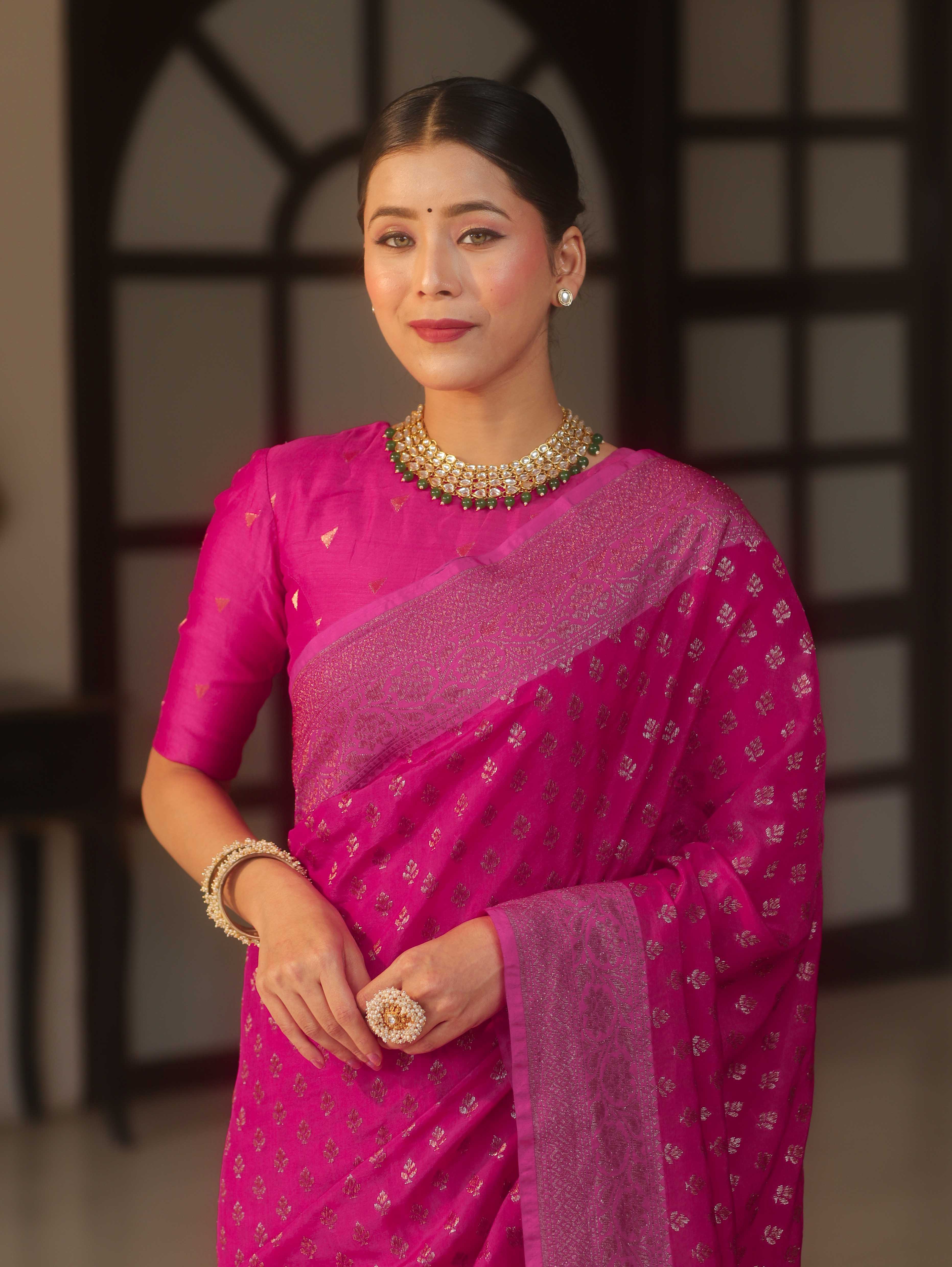 Banarasee Semi Chiffon Saree With Zari Buti & Border-Pink