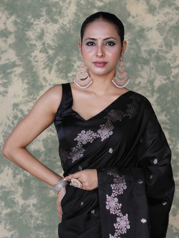 Banarasee Handloom Semi Silk Saree With Sona Rupa Zari Buti Design & Border-Black