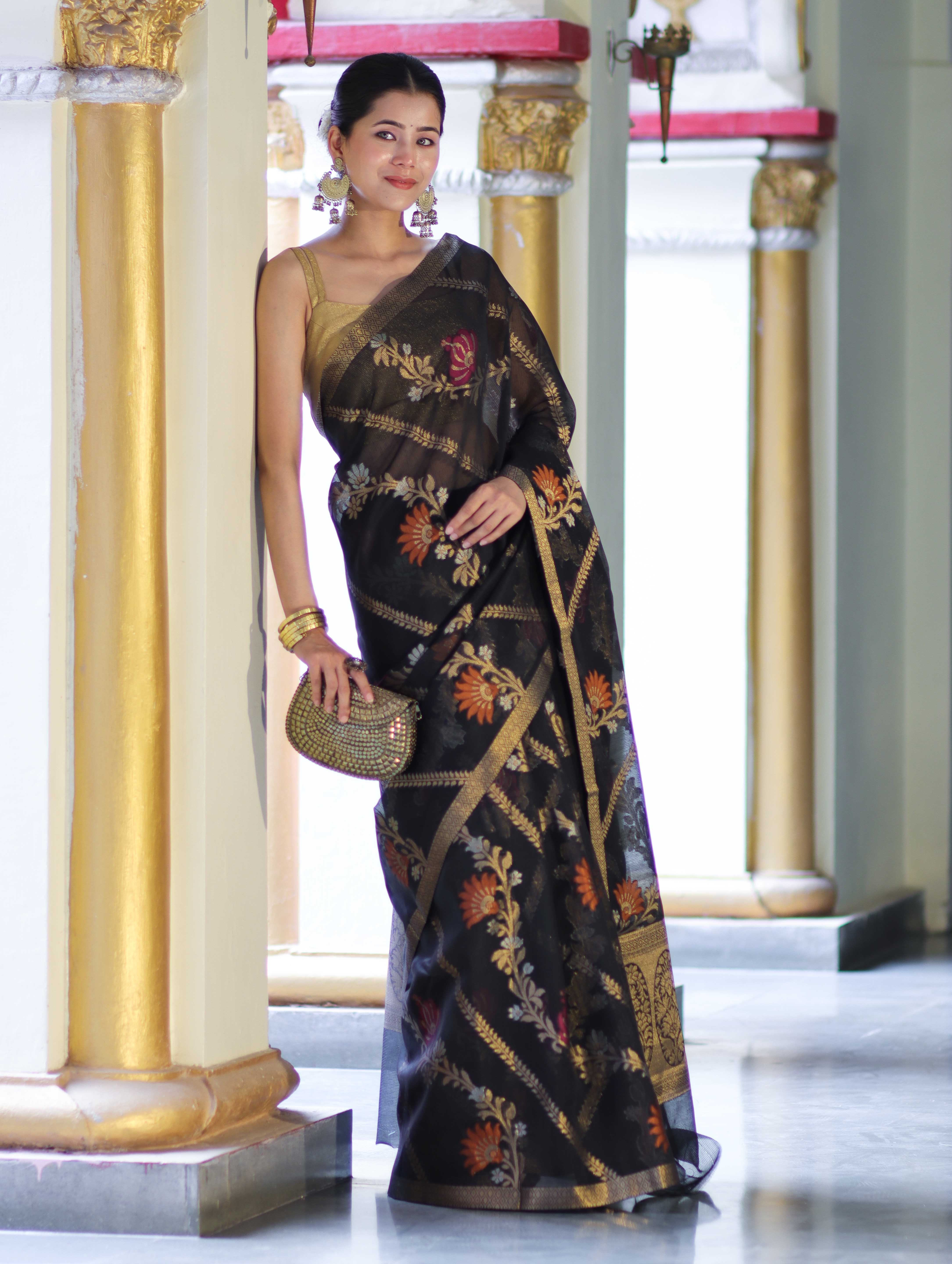 Banarasee Handloom Cotton Silk Saree With Zari Meena Work-Black