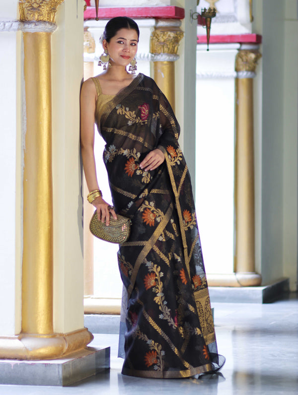 Banarasee Handloom Cotton Silk Saree With Zari Meena Work-Black