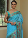 Banarasee Handwoven Semi Silk Saree With Zari Buta & Floral Border Design-Blue