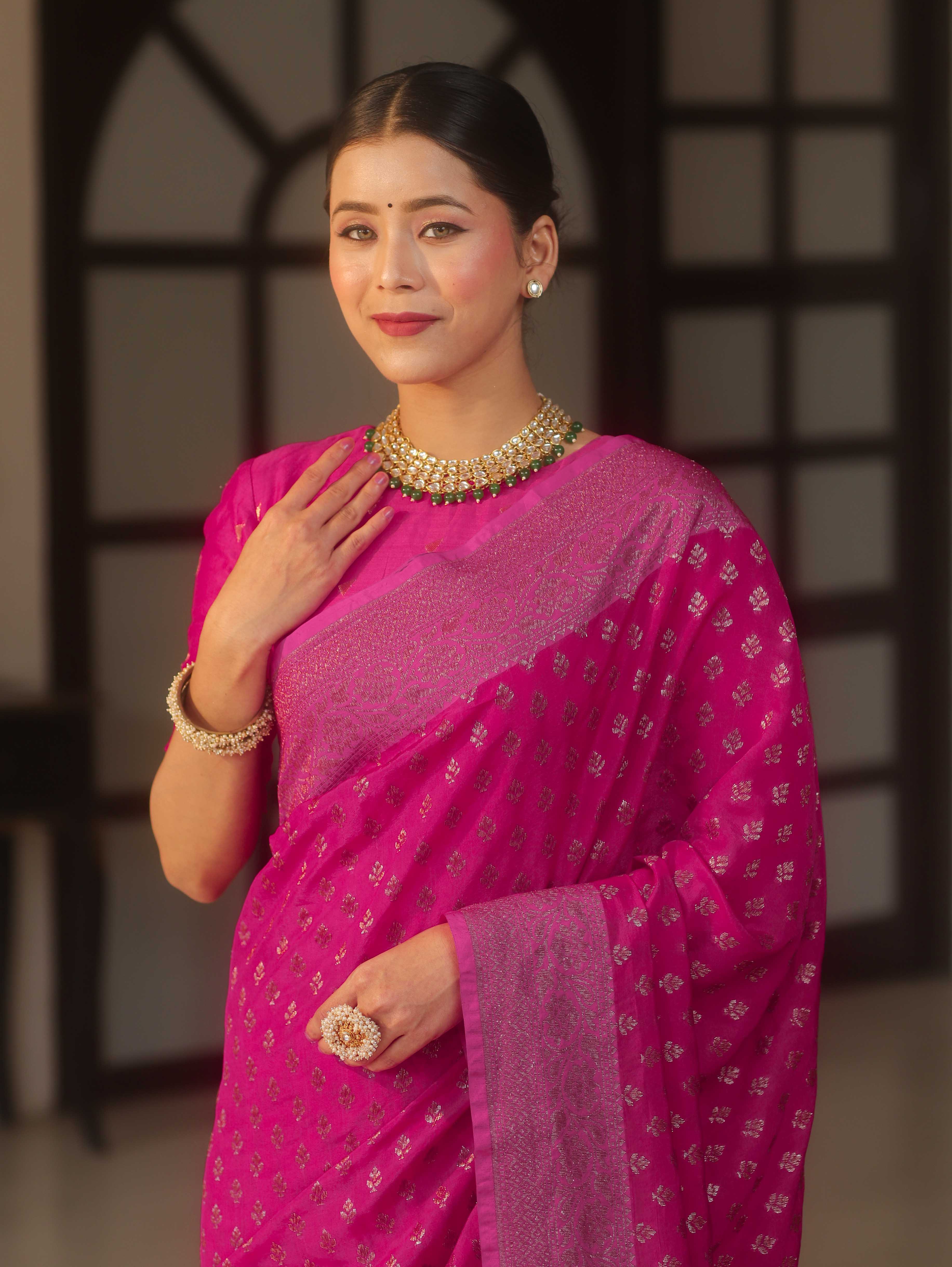 Banarasee Semi Chiffon Saree With Zari Buti & Border-Pink